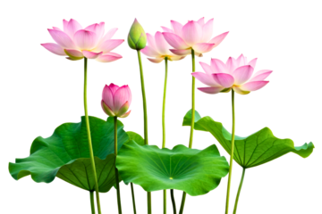 Pink lotus flowers and green leaves with buds on long stems isolated with transparent background