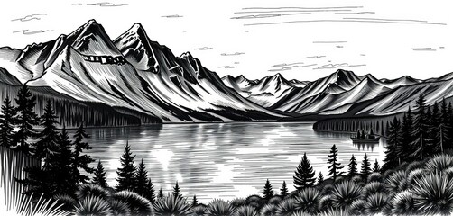 Hand-drawn black & white mountain lake scene; textured, sketchy style,  travel,  lake