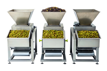 Industrial olive processing machines with stainless steel hoppers isolated with transparent background