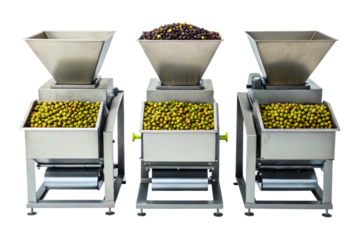 Industrial olive processing machines with stainless steel hoppers isolated with transparent background