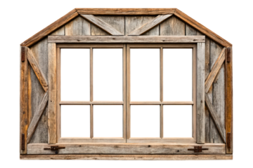 Old rustic wooden window frame with closed shutters isolated with transparent background
