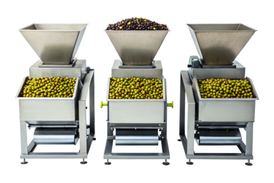 Industrial olive processing machines with stainless steel hoppers isolated with transparent background