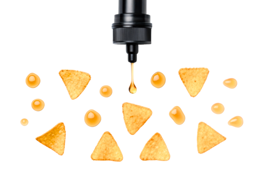 Squeeze bottle pouring cheese sauce on triangle corn chips isolated with transparent background