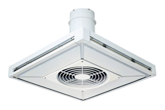 White ceiling-mounted industrial ventilation fan unit isolated with transparent background