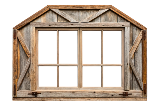 Old rustic wooden window frame with closed shutters isolated with transparent background
