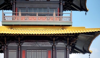 traditional wooden pagoda closeup view in chinese temple