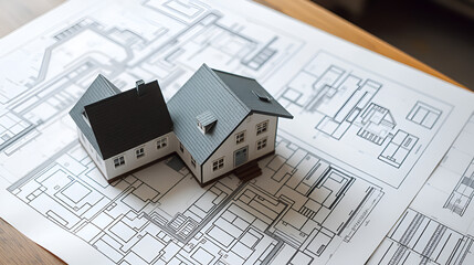 House plans spread out on table. Small model house sits on top of architectural drawings. Layout plans, building permits, structural work displayed. Photo shows planning, construction industry