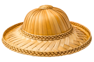 Traditional asian conical hat made from woven dried bamboo isolated with transparent background