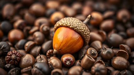 colorful acorn against of ordinary acorns abstract vision be different, unique personality or standing out from the crowd, leadership quality. beautiful still life background