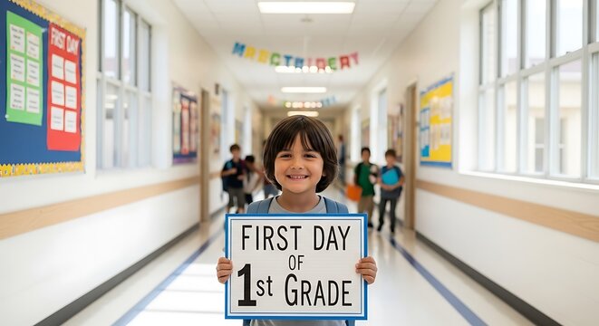 Smiling boy holding first day of first grade sign in school hallway with other students behind him