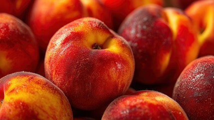 close-up of ripe, fuzzy peaches with vibrant orange and red hues, showcasing their natural texture and freshness