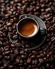 cup of espresso surrounded by dark roasted coffee beans, highlighting the rich aroma and inviting warmth of freshly brewed coffee
