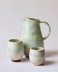 Elegant ceramic set with speckled white glaze and pastel green finish, featuring a pitcher, creamer, and cup in a minimalist design