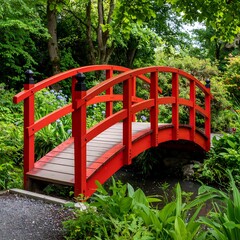 Red bridge over a garden stream