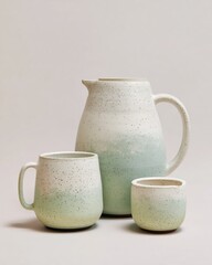 Elegant ceramic set with speckled white glaze and pastel green finish, featuring a pitcher, creamer, and cup in a minimalist design