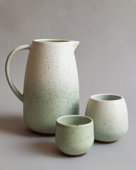 Elegant ceramic set with speckled white glaze and pastel green finish, featuring a pitcher, creamer, and cup in a minimalist design