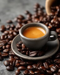cup of espresso surrounded by dark roasted coffee beans, highlighting the rich aroma and inviting warmth of freshly brewed coffee