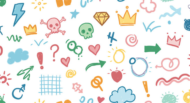 Vibrant Collection of Playful Hand-Drawn Doodle Symbols and Icon Sketches on a White Background Seamless Pattern