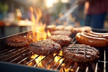 Grilled meat patties and sausages sizzling on a barbecue with flames, set in a sunny outdoor setting with a blurred figure in the background