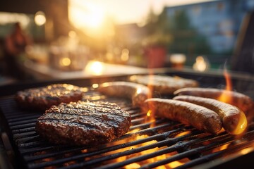Grilled meat patties and sausages sizzling on a barbecue with flames, set in a sunny outdoor setting with a blurred figure in the background