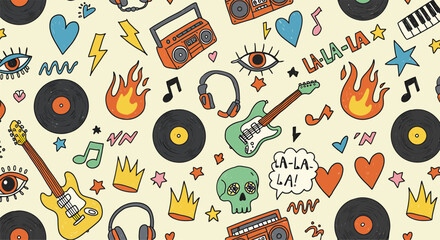 Colorful Party Music Doodles Seamless Pattern with Guitars Headphones Vinyl Records and Boomboxes
