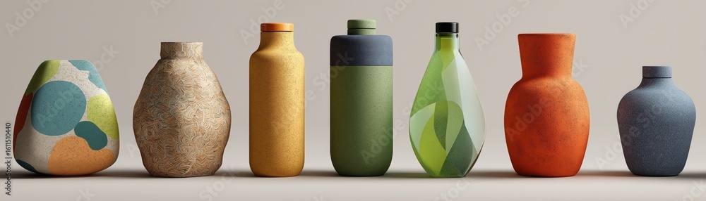 Poster a row of seven uniquely designed decorative vases in various shapes, colors, and textures displayed 