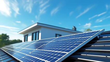 Solar panels installed on a rooftop with a clear sky, modern house in the background representing clean energy and sustainable living  
