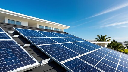 Solar panels installed on a rooftop with a clear sky, modern house in the background representing clean energy and sustainable living  
