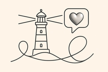 Lighthouse Line Icon – Continuous Single Line with Beacon, Heart & Ribbon Vector Design