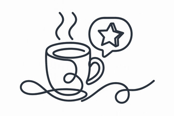 Coffee Cup Line Icon – Continuous Single Line with 3D Star & Cappuccino Symbol