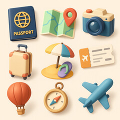 Travel Adventure 3D Icons – Passport, Map & Camera for Global Explorers