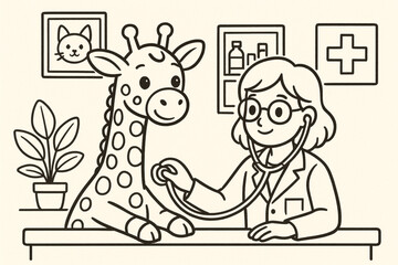 Cute Giraffe Vet Visit – Line Art Style Illustration for Animal Lovers