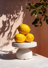 Three vibrant yellow lemons stacked on a white pedestal, with soft shadows of an olive tree in a sunny, minimalist outdoor setting