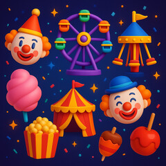 Vibrant Carnival Night – 3D Icons of Clowns, Rides & Treats in Neon Lights