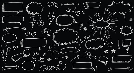 Expressive hand-drawn white doodle elements on a black background, featuring speech bubbles, arrows, and stars.