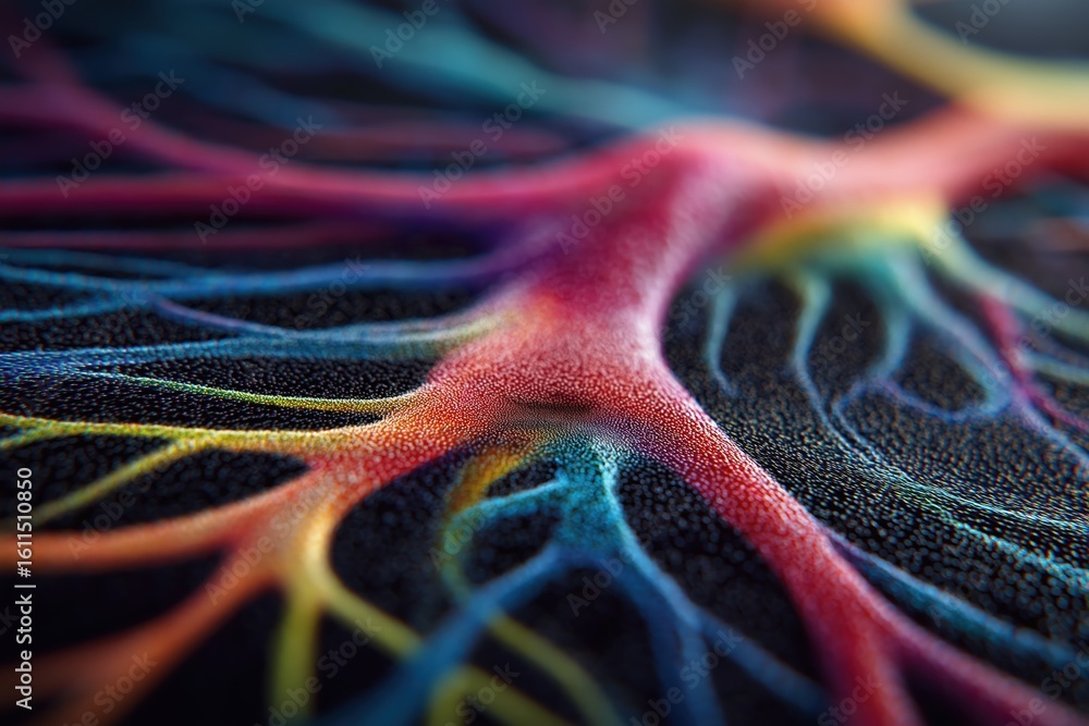 Poster close-up image of colorful, branching neural networks resembling nerve cells or veins with vibrant r