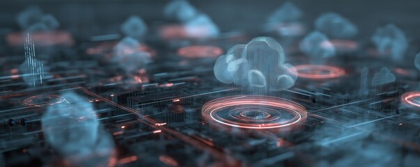 A digital 3D visualization of cloud computing and data networks with glowing circuits and cloud icons over a futuristic, dark interface.