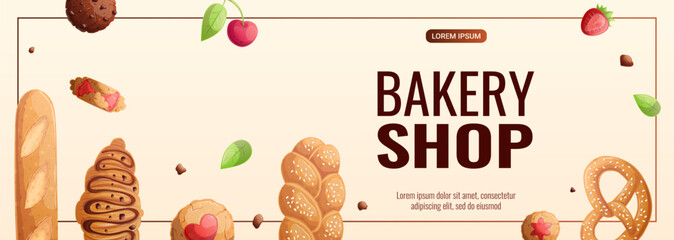 A template for a promotional banner for a bakery commercial. Various types of fresh pastries. The concept of confectionery, cooking. Vector illustration for posters, banners, flyers
