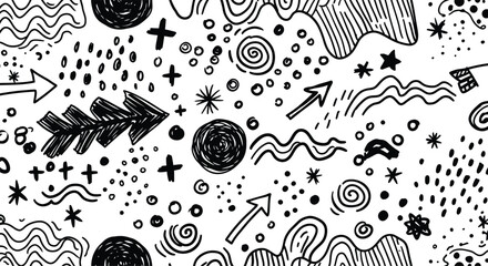 Obraz premium Dynamic seamless pattern of black hand-drawn abstract doodle shapes, featuring arrows, spirals, and various marks on a white background.