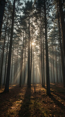 Naklejka premium Morning Sunlight Through Pine Forest