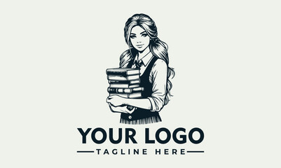 Vintage logo featuring a woman holding a stack of books, showcasing a studious and intellectual persona.