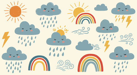 Charming collection of hand-drawn weather icons with smiling clouds, bright suns, colorful rainbows, and energetic lightning on a pale yellow background