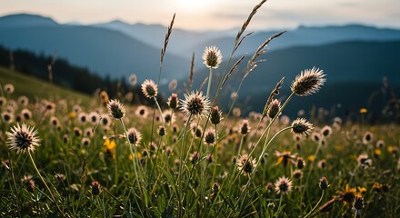 Sunlit alpine meadow with fluffy seed heads and rolling hills in the background at dusk.