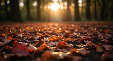 Warm sunlight filters through autumn trees, illuminating a path carpeted with fallen leaves.