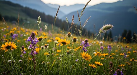 A vibrant alpine meadow bursts with colorful wildflowers, including yellow and purple blooms, set against a backdrop of rolling green hills and distant mount...