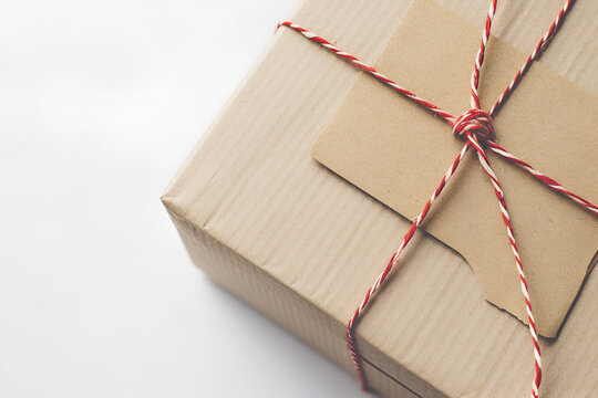 Brown package tied with red and white twine blank tag
