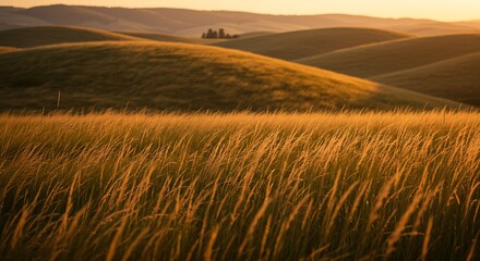 Golden sunlight bathes rolling Tuscan hills and a field of tall, swaying grass at sunset.