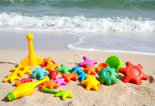 Colorful beach toys arranged on sandy seashore near ocean waves,  friends,  sandcastle