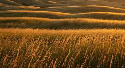 Golden light bathes rolling hills covered in tall, dry grass, creating a serene and warm landscape.