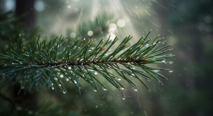 Close-up of a pine branch with raindrops glistening under soft sunlight filtering through the forest canopy.